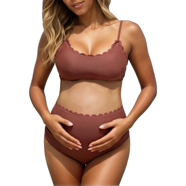 Gyexs Maternity Swimsuit Two Piece High Waisted Scalloped Bikini Set Pool Beach Adjustable Straps Pregnancy Bathing Suit #03 Coffee, Size XL