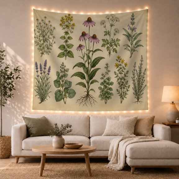 Purple Coneflower Among Wildflowers, Peaceful Vintage for Plant Lovers, Botanical Wall Art, Housewarming Gift, Tapestry Wall Hanging for Bedroom and Living Room