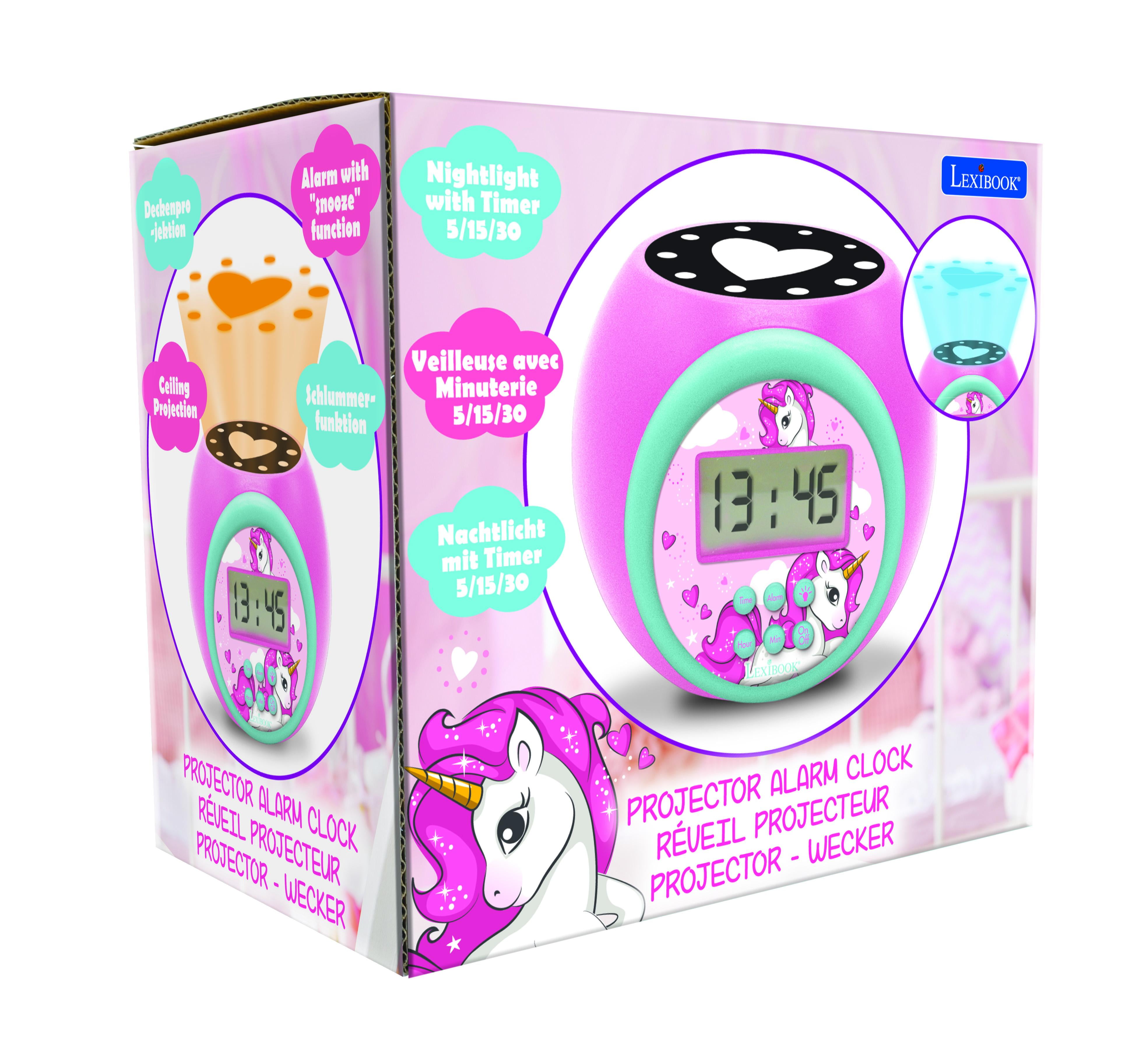Lexibook Projector Alarm Clock Unicorn with Snooze Function and Alarm Function, Night Light with Timer , LCD Screen, Battery Operated, Pink