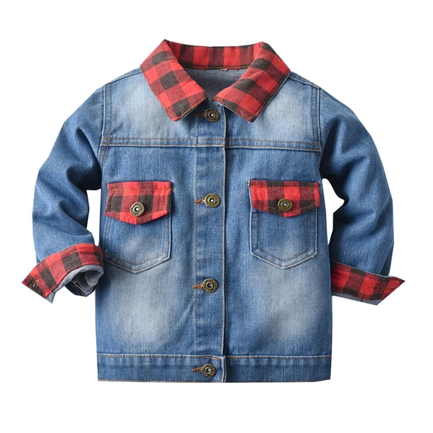 Gibobby Chamarra niñoNiños pequeños prendas de vestir a cuadros rojos sobre otoño invierno manga larga chaqueta de mezclilla blusa niños(Azul, 6-7 Años)