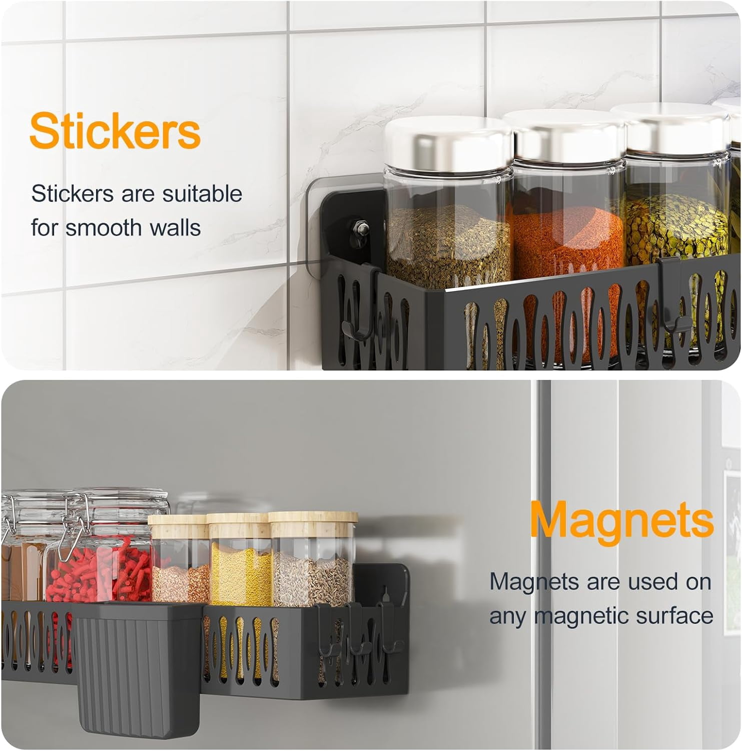 4 Pack Strong Magnetic Spice Rack for Refrigerator, Multipurpose Magnetic Shelf for Fridge with 4 Hooks for Kitchen and Bathroom Organization, Black