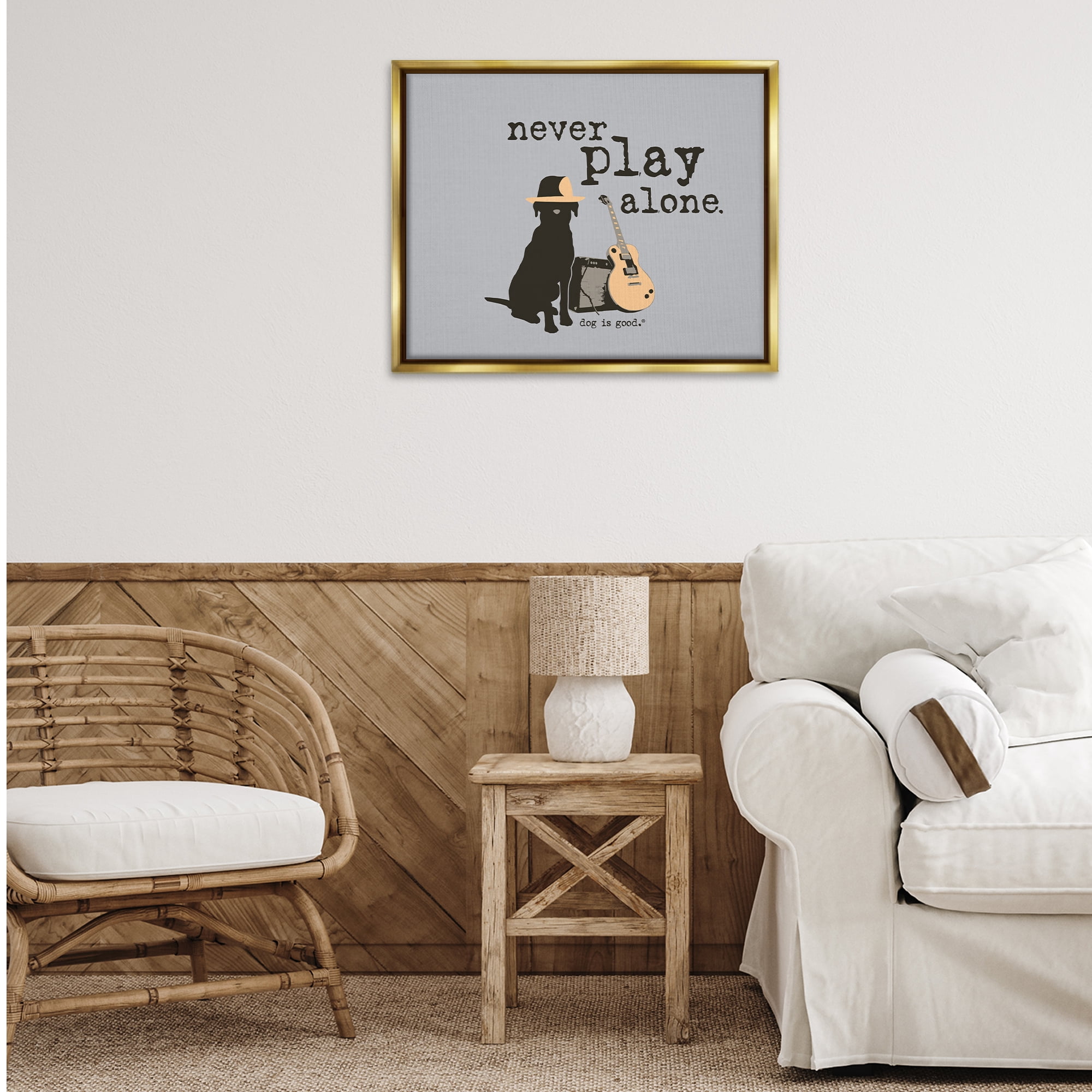 Stupell Industries Never Play Alone with Dog Animals Painting Gold Floater Framed Canvas Art Print Wall Art, 31 x 25