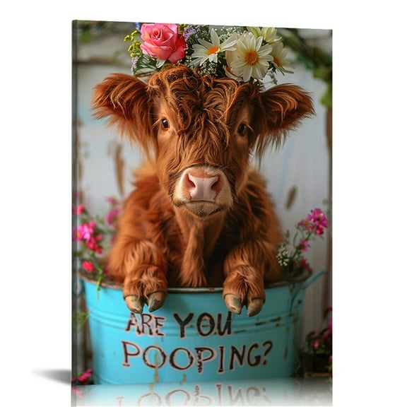 Rustic Farmhouse Highland Cow Canvas Wall Art Are you pooping Wrapped Canvas Frame, Wooden Accents, Perfect for Living Room, Bedroom, or Kitchen Decor | Ideal