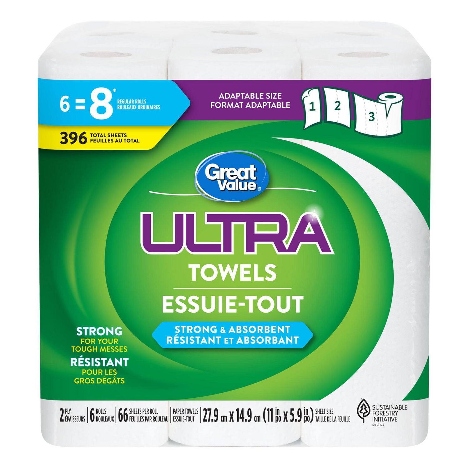 Great Value Ultra Essuie-tout, 6 équivalant à 8 rouleaux