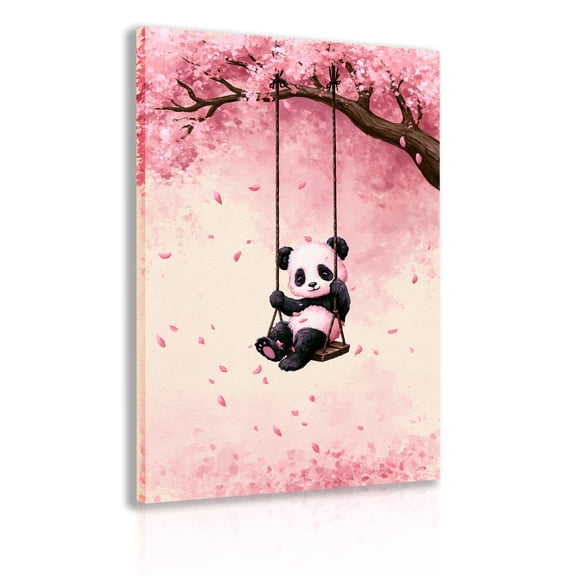 Watercolor panda cub with cherry blossoms and a swing on canvas – a cute and whimsical artwork, suitable for children's rooms, bedrooms, playrooms, and home décor poster frames.