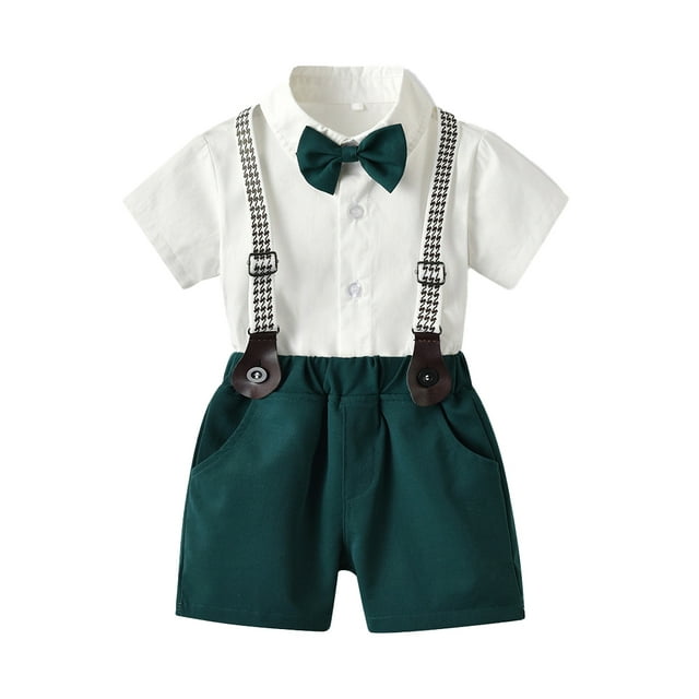 Sonducket Conjunto de pantalones y camisa de manga corta de verano para niños, ropa de fiesta, banquete, boda, pajarita, pantalones cortos con conjuntos de ropa Verde oscuro 130cm