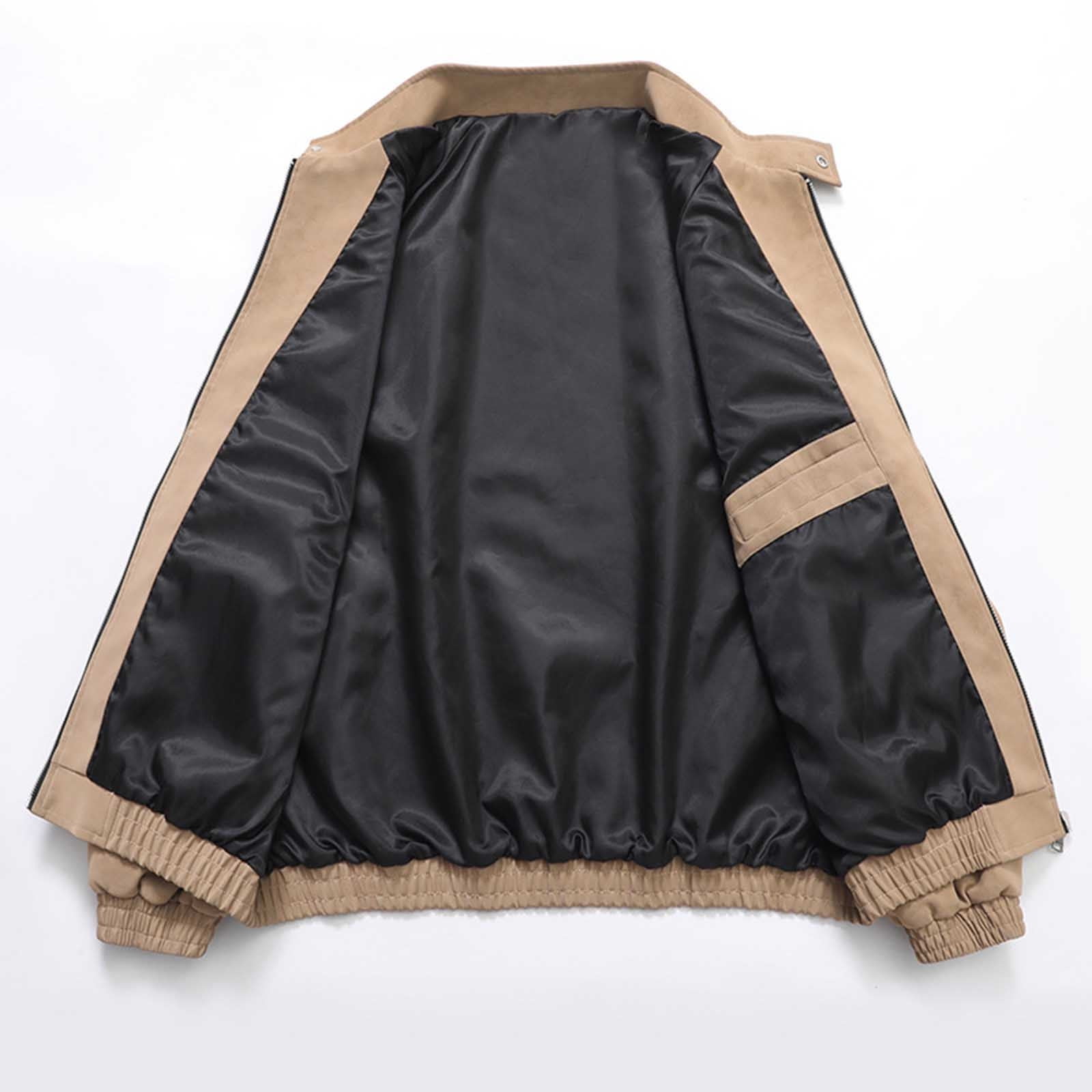Kakii Men's Suede Bomber Jacket Oversized Retro Streetwear Zip Up Faux Leather Coat with Turn Down Collar