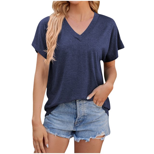 Timegard Hauts d'Été pour Femmes Col en V Manches Courtes T-Shirts Confortables Décontractés Blouse Basiques Vêtements
