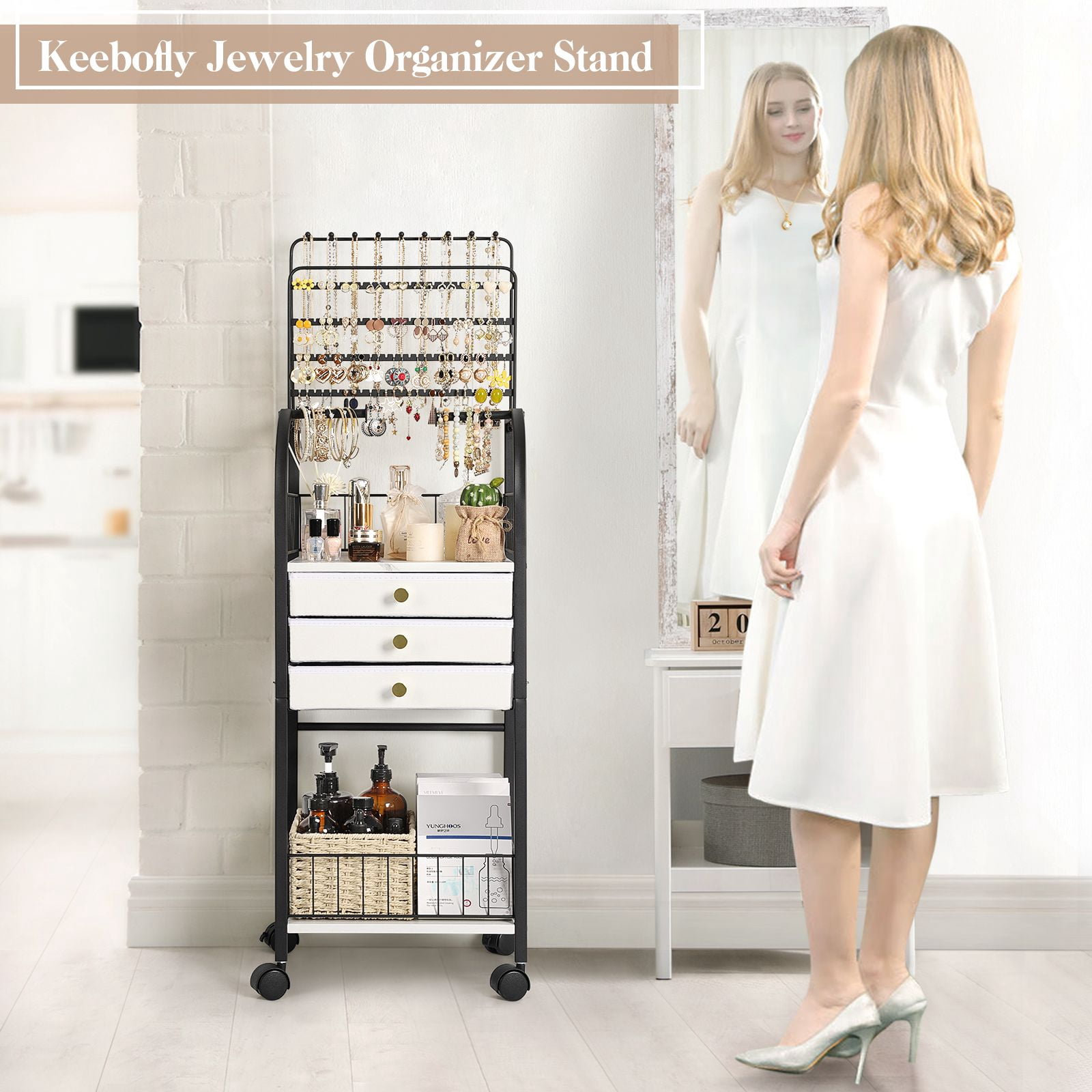 Olakee Large Jewelry Organizer Stand with 3 Drawers — for Necklace, Earring, Ring, Bracelet, Girls & Women, Modern, Black