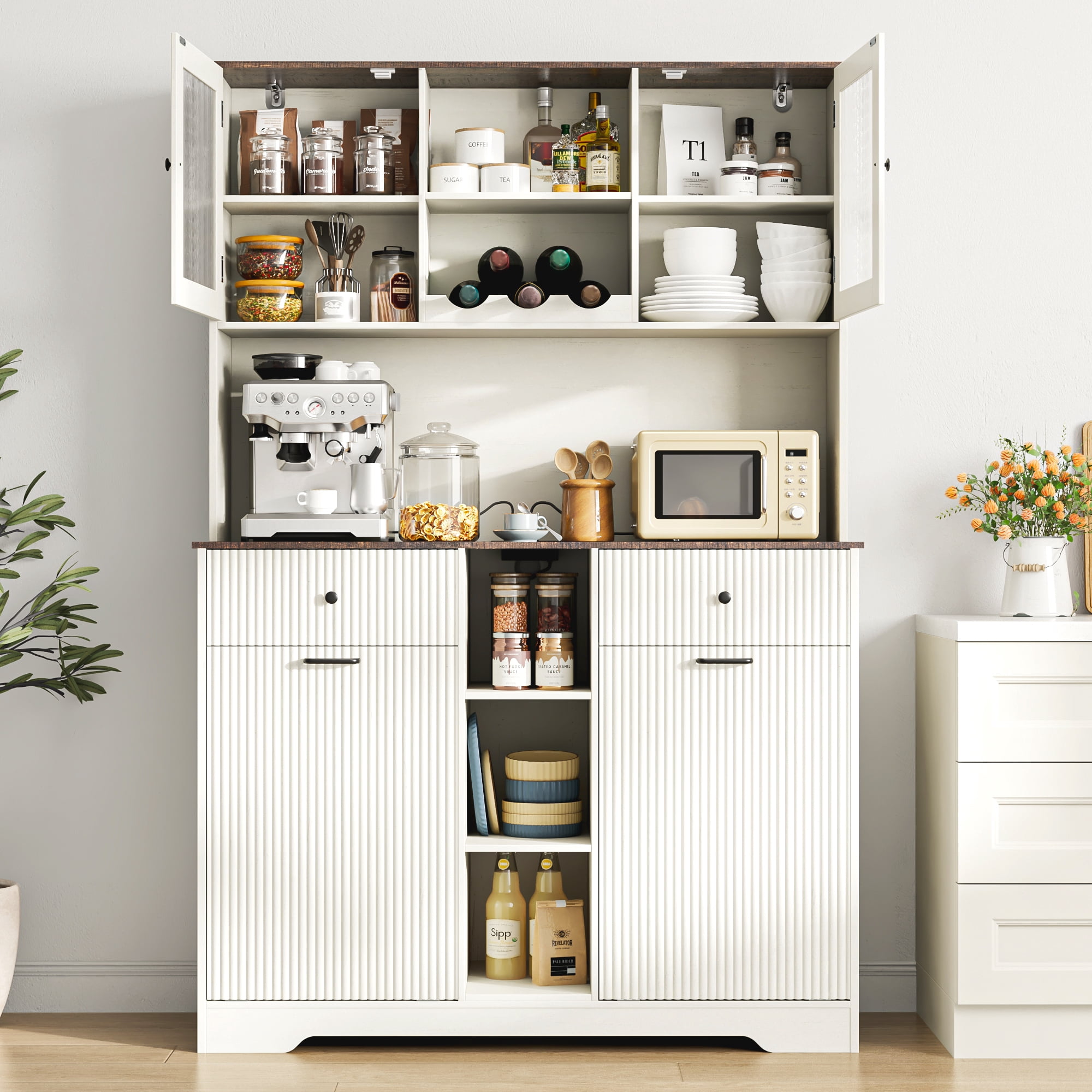 Blotout 47" Wide Kitchen Pantry Storage Cabinet with Charging Station & Microwave Stand, Tall Fluted Kitchen Hutch Cabinet, Double Tilt Out Trash Can Cabinet 10X2 Gallon