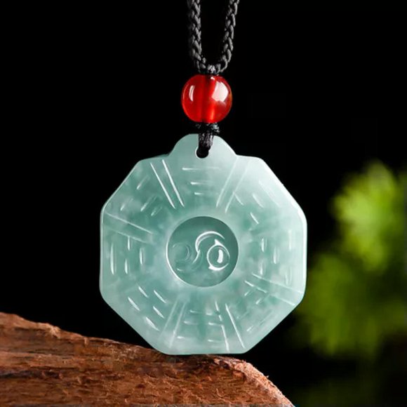 HOOUN Natural Emerald Jade Blue Water Tai Chi Eight Trigrams Jade Pendant Men Women