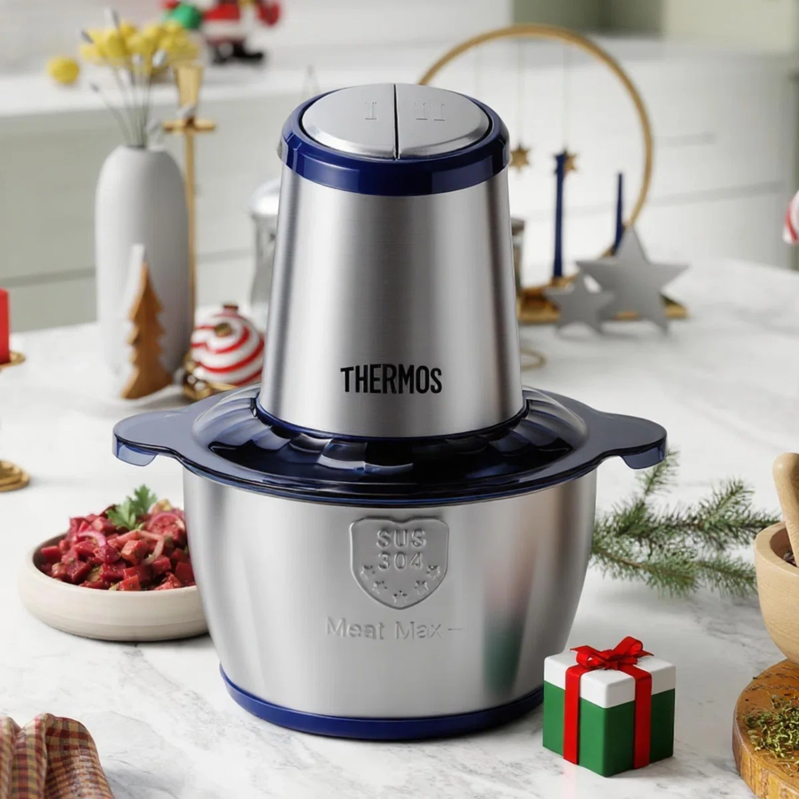 Thermos Food Chopper for Kitchen, 8 Cup Food Processor, 500W, 4 Blades, 2 Bowls, Feed Chute & Pusher for Mincing Dicing Shredding