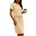 thumbnail image 4 of STETMN Short Sleeve Midi Dress for Women Waist Drawstring Office Dresses Solid Summer Casual Dress, 4 of 6