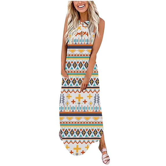 IROINNID Women's V-Neck Sundress Casual Sleeveless Printing Loose Vest Maxi Dress Long Dress Pocket Full-Length Dress