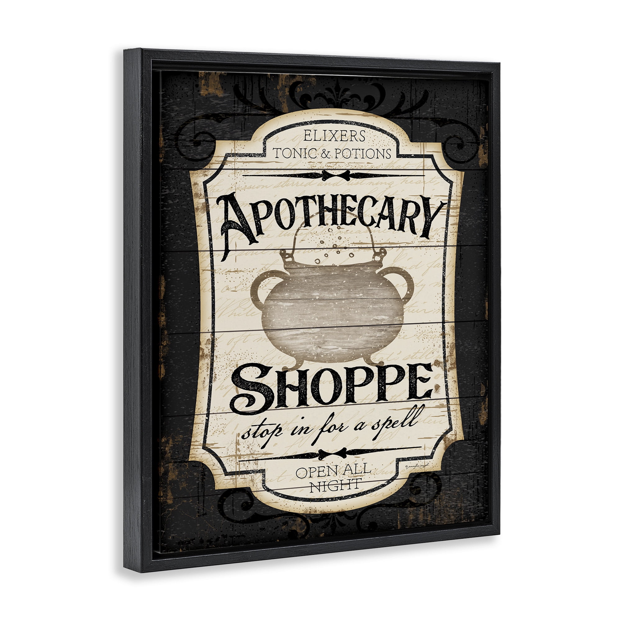 Stupell Industries Apothecary Shoppe Spooky Sign Holiday Painting Black Floater Framed Canvas Art Print Wall Art, 17 x 21