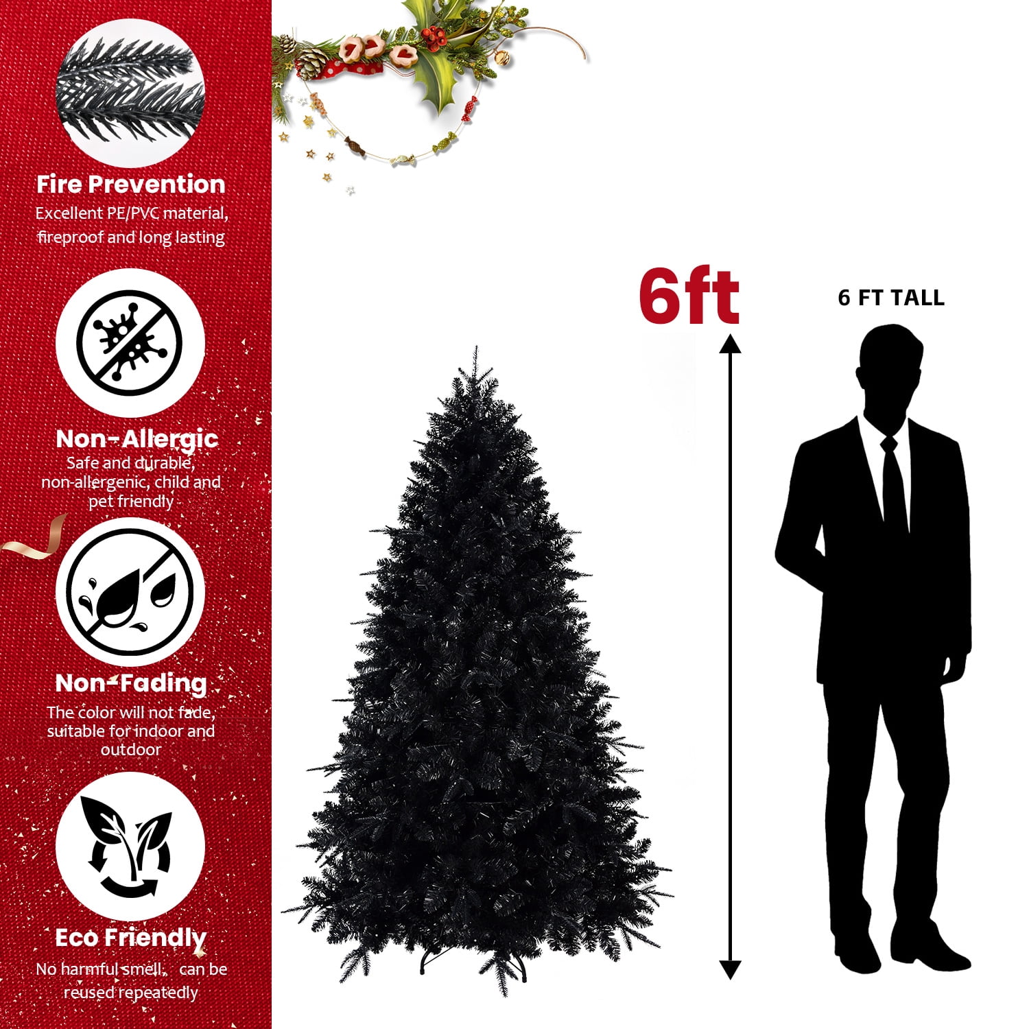 Alvantor 6ft Christmas Tree Halloween Decor PVC Artificial Tree with 350 White LED Lights & 1460 Tips for Indoor Holiday Decoration Black