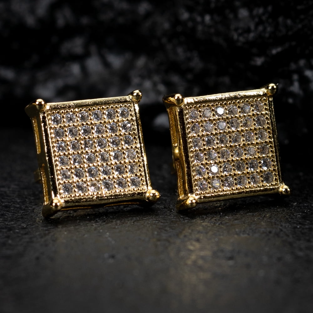 Square Flat Screen Micro Pave Hip Hop 10mm Yellow Gold 925 Sterling Silver Men's Screw Back Stud Earrings