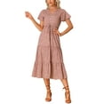 thumbnail image 1 of INSPIRE CHIC Robe Bohème d'Été pour Femme Décontractée à Manches Courtes, Col en V, à Volants, Midi à Fleurs, Rouge G, 1 of 5