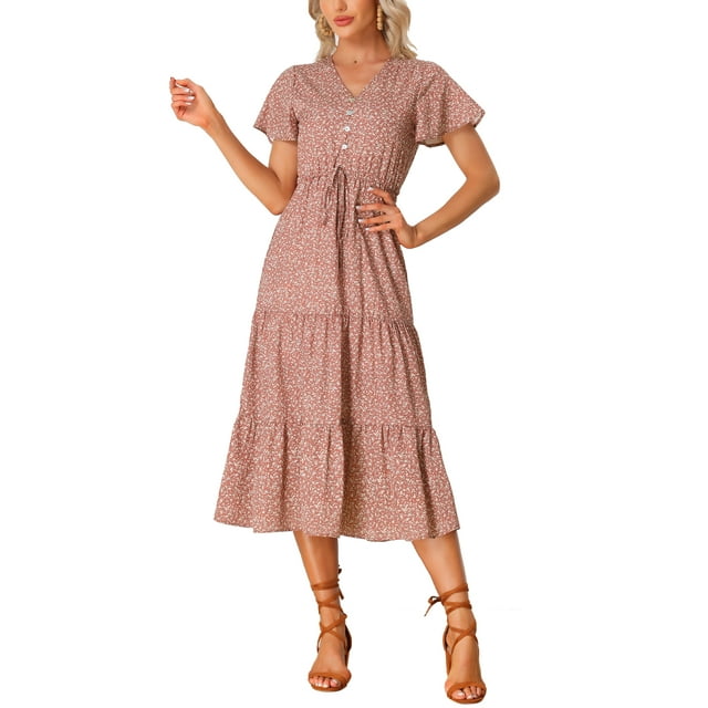 INSPIRE CHIC Robe Bohème d'Été pour Femme Décontractée à Manches Courtes, Col en V, à Volants, Midi à Fleurs, Rouge G