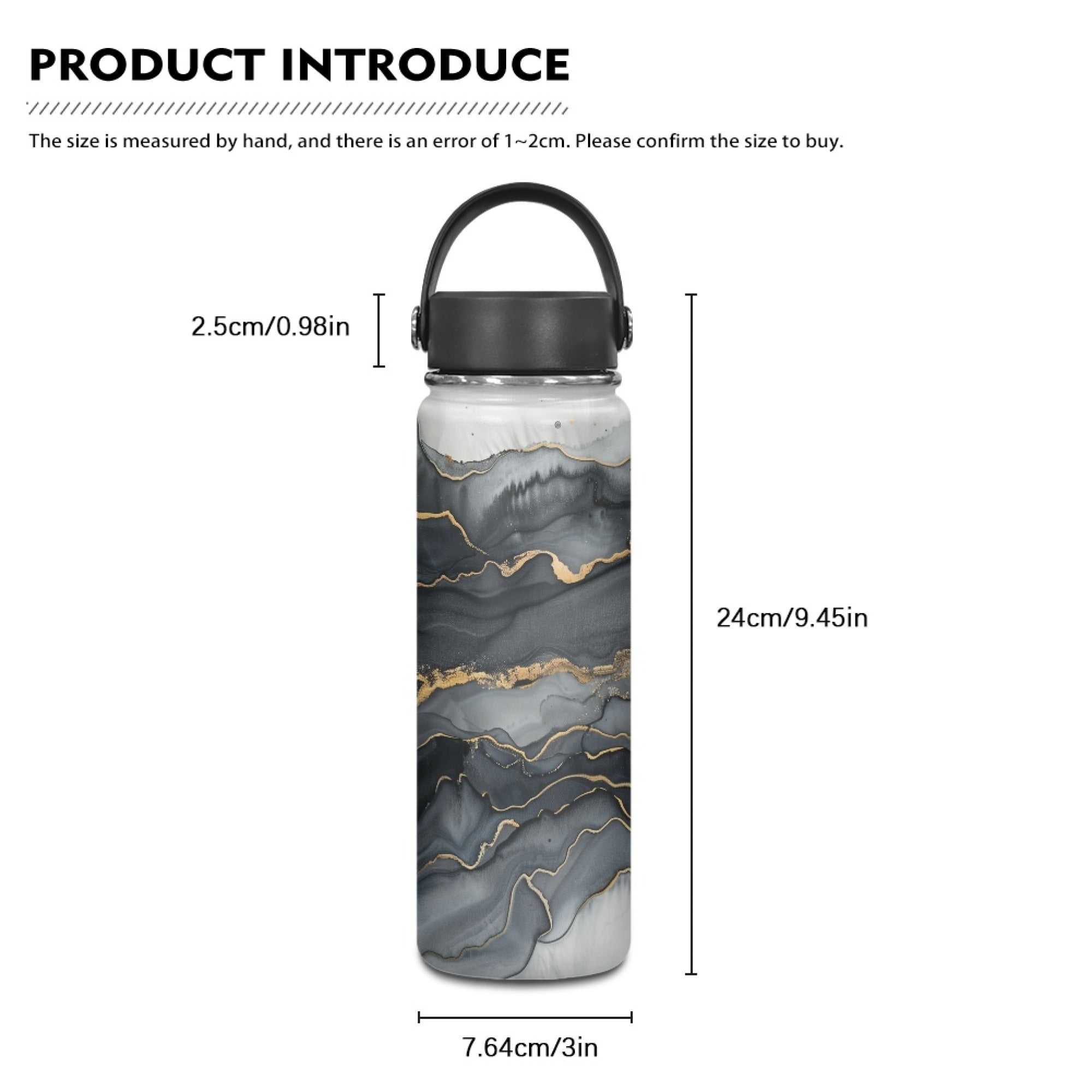 SEANATIVE Black Gold Marble Water Bottle 18 oz Vacuum Insulated Stainless Steel Water Flask Leak Proof Walled Travel Drink Mug Metal Canteen Hot Cold Water Bottles