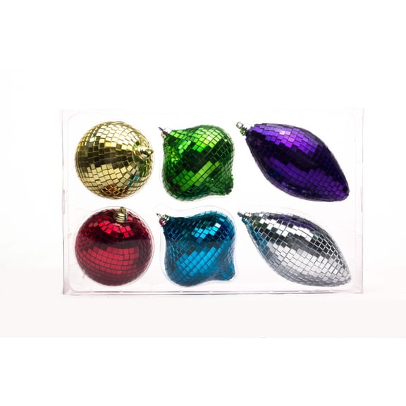 6 Pack Gold, Silver, Red, Blue, Green and Purple Mirrored Ornament Set