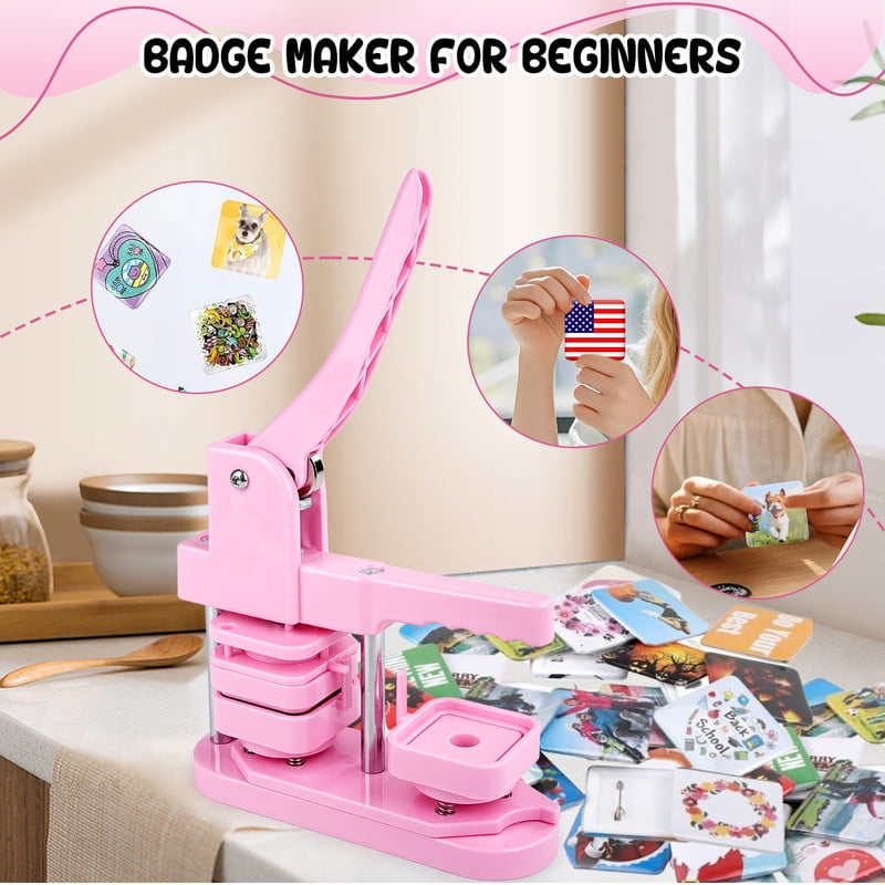 Square Badge Press Machine, Button Press Machine for 2 Inches / 50mm Square Fridge Magnetic Stickers, 100 Sets of Button Maker Supplies, Badge Maker Kit for Home School DIY Crafts, Business (Pink)