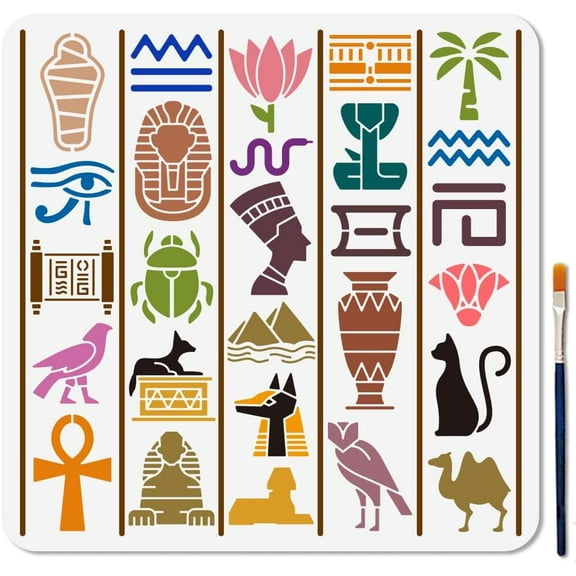 Ancient Egyptian Stencil 11.8×11.8inch Pharaoh Pyramid Painting Stencil Reusable Egypt Hieroglyphics Template Craft for Painting on Wood Furniture Canvas Wall Decoration colorful DIY