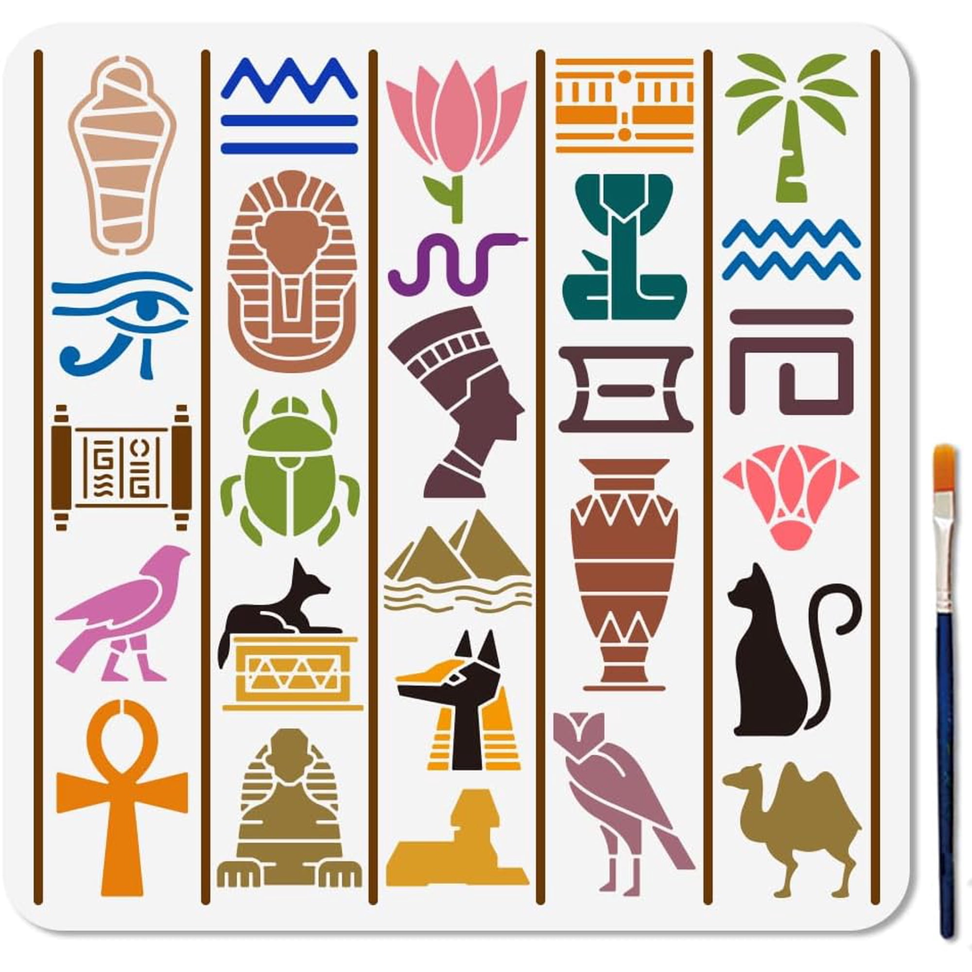 Ancient Egyptian Stencil 11.8×11.8inch Pharaoh Pyramid Painting Stencil Reusable Egypt Hieroglyphics Template Craft for Painting on Wood Furniture Canvas Wall Decoration colorful DIY