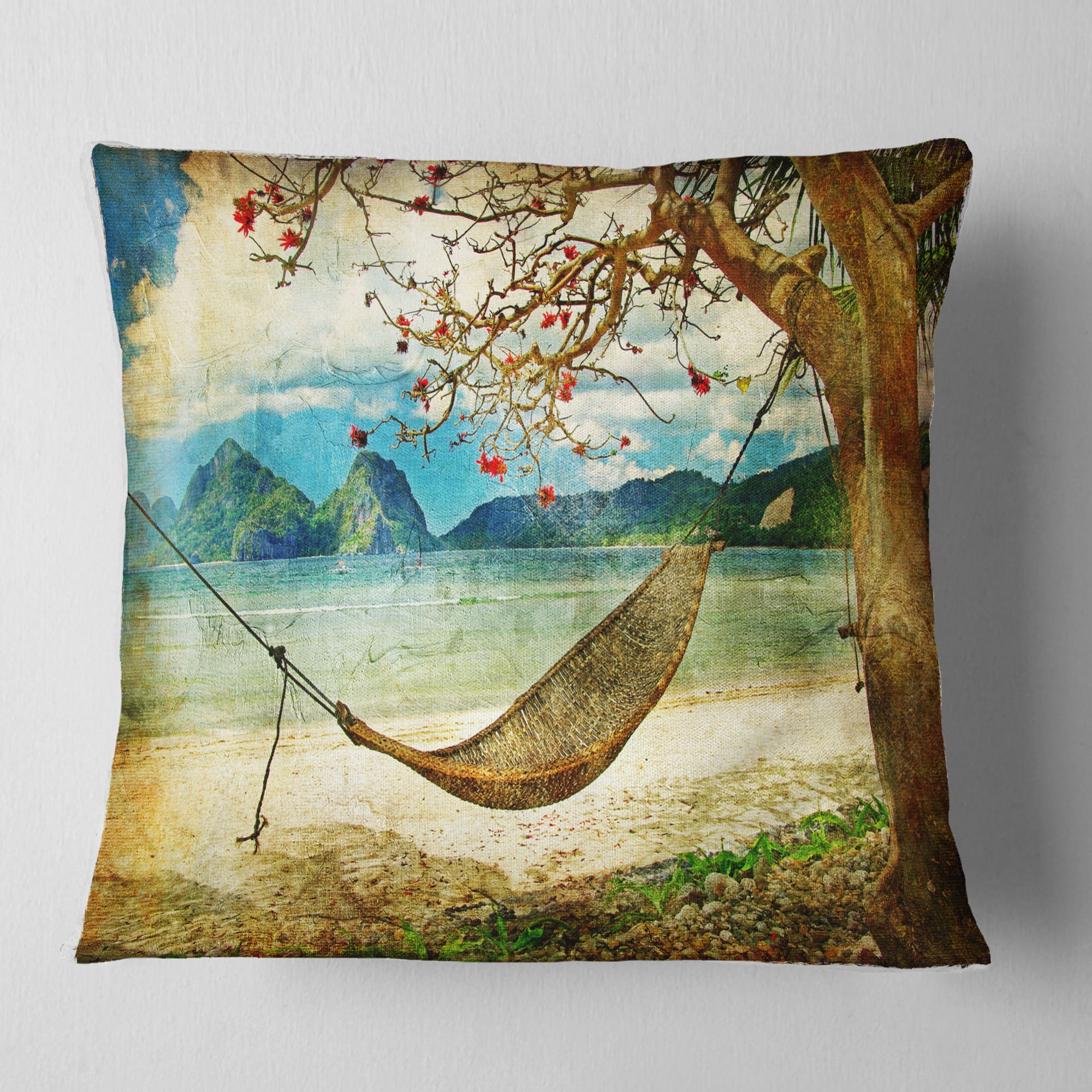 Designart Tropical Sleeping Swing - Digital Art Landscape Printed Throw Pillow - 16x16