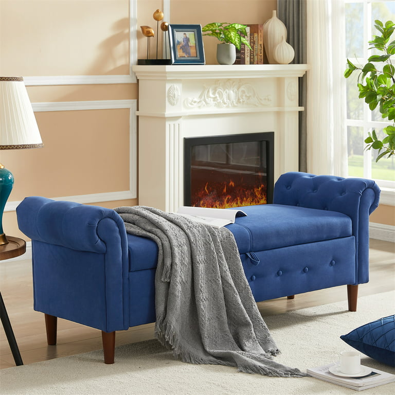 Velvet Bench Sofa Stool 63 L Storage Ottoman Rectangular With Solid Rubber Wood Legs Multifunctional Long For Bedroom Living Room Navy Blue Com