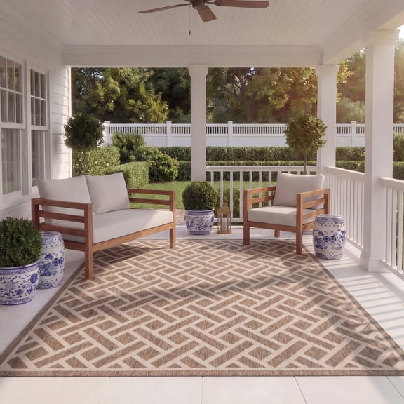 Safavieh Courtyard Janey Bordered Indoor/Outdoor Area Rug, Brown/Light Beige, 5'3" x 7'7"