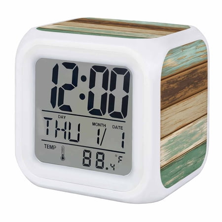Alarm Clocks Green Brown Wood Grain Digital Clock 7 Color LED Night Light Silent Non-Ticking Battery Operated Rustic Farmhouse Wooden Cube Clocks for Bedroom Bedside Living Room Office School