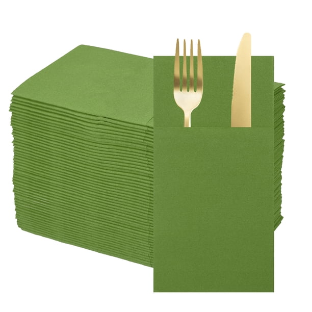 50 Pcs Servilletas Desechables con Sensación de Lino y Bolsillos para Cubiertos Incorporados, Servilletas de Papel para Cuchillo y Tenedor Verde Oliva
