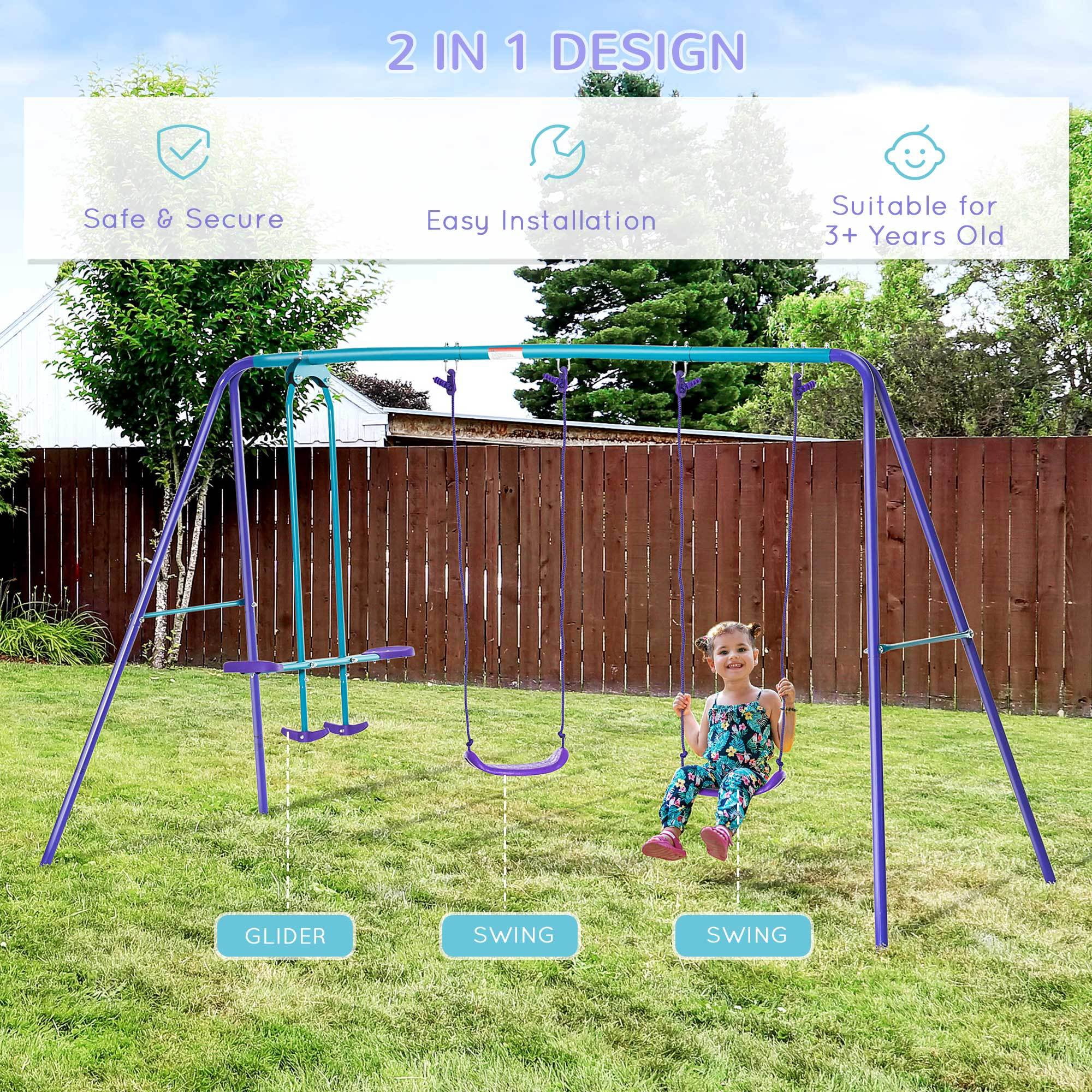 Leumius Metal Swing Set with Glider,Two Swing Seats and Adjustable Height, Outdoor Heavy Duty A-Frame Suitable for Playground,Backyard,Purple