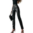 thumbnail image 2 of Women High Waist Splicing Pu Leather Pants Front Zip Vintage Pencil Pants Black S, 2 of 10