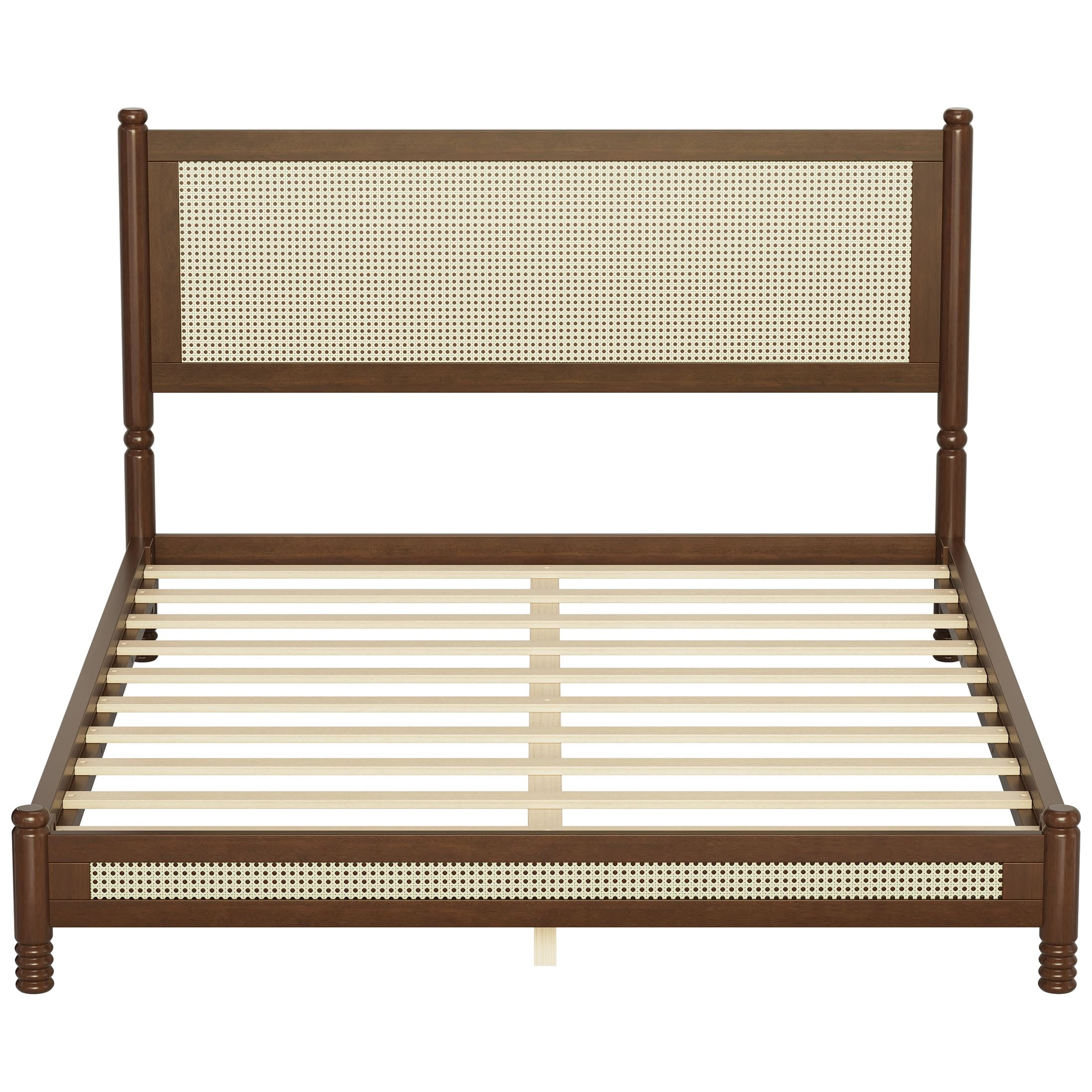 GDF Studio Annes Queen Size Boho Rattan Platform Bed Frame with Turned Legs, Woven Cane Pine Wood Bed Frame, Walnut