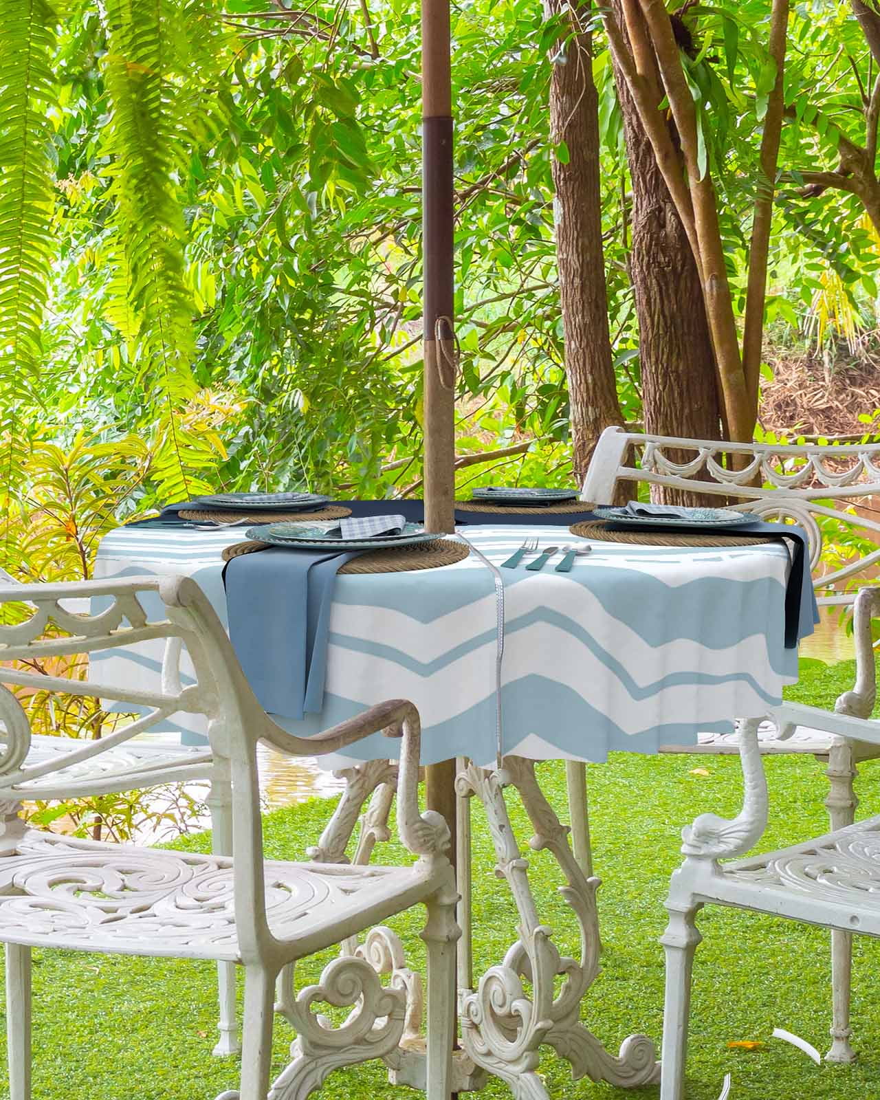 Fsddascl Blue Chevron Outdoor Tablecloth - 54 Inch Round Dining Table  Cover, Geometric Black Print Wavy Striped White Waterproof Outdoor Table  Cloth with Umbrella Hole \u0026 Zipper for Picnic/Patio - Walmart.com, image size:1280x1600