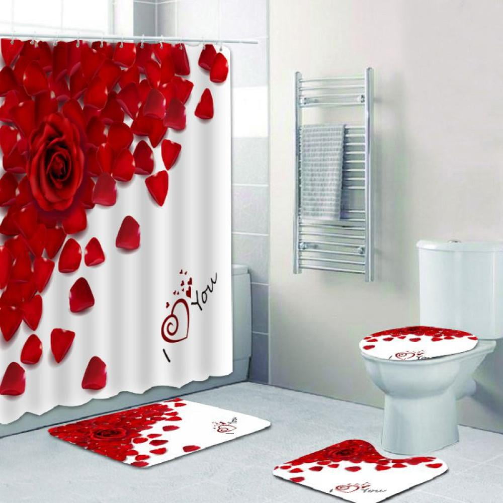 4PC Bathroom Shower Curtain Non-slip Bath Mat Pedestal Toilet Seat Cover Lid Rug 4PC Bathroom Shower Curtain Non-slip Bath Mat Pedestal Toilet Seat Cover Lid Rug
