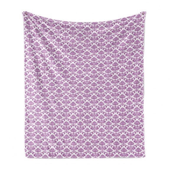 Damask Soft Flannel Fleece Throw Blanket, Damask Style Continuous Pattern with Intermingled Curvy Leaves Stems, Cozy Plush for Indoor and Outdoor Use, 50" x 70", Purple and White, by Ambesonne