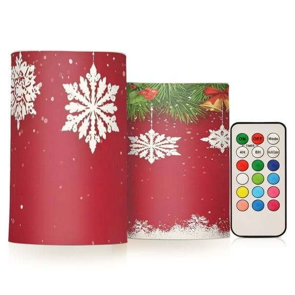 Snowflake Christmas Bell Red Flickering Flameless Candles Battery Operated with Remote Timer LED Pillar Candles Set of 2