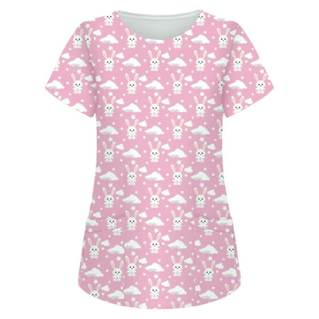 

Women Scrub_Top Working Uniform Blouse Short Sleeve V-Neck Workwear T-Shirt with Pocket Comfy Tops XL