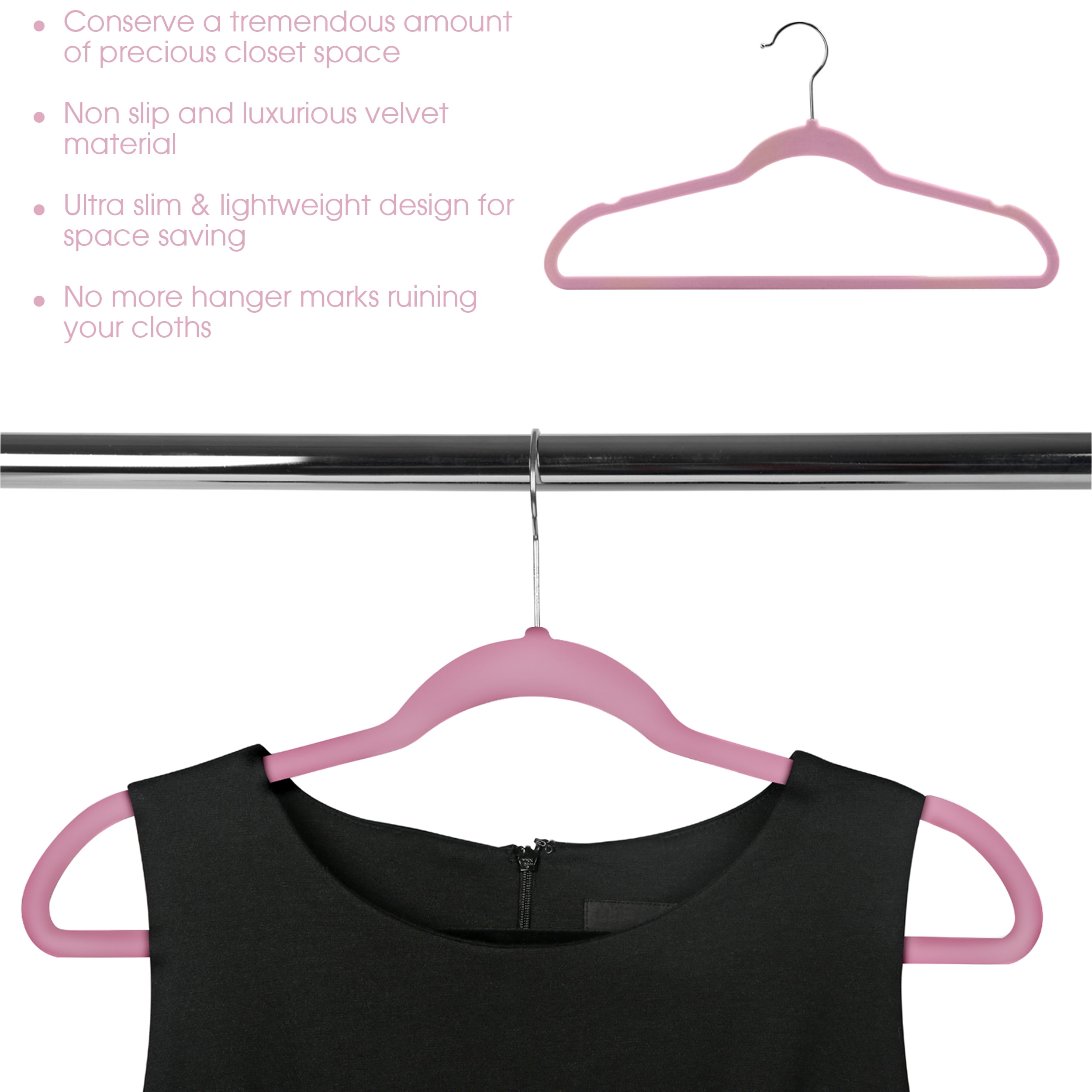 Elama Home 100 Piece Flocked Velvet Slim Profile Heavy Duty Felt Hangers with Stainless Steel Swivel Hooks in Pink