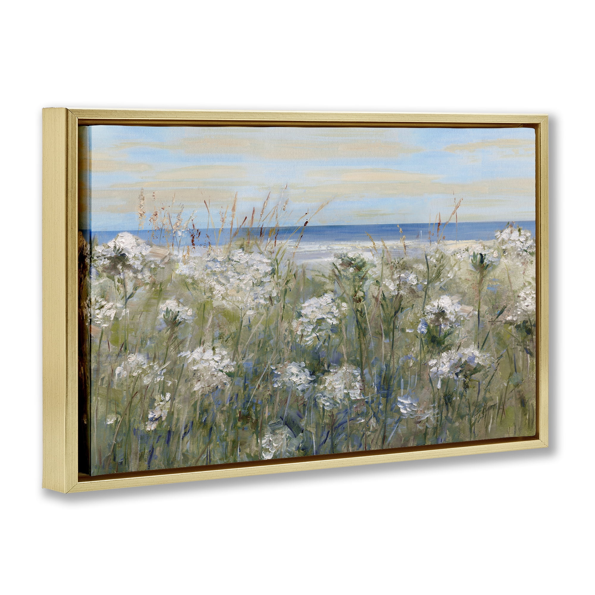 Stupell Industries Impressionist Seaside Meadow Gold Framed Floater Canvas Wall Art, design by Sally Swatland