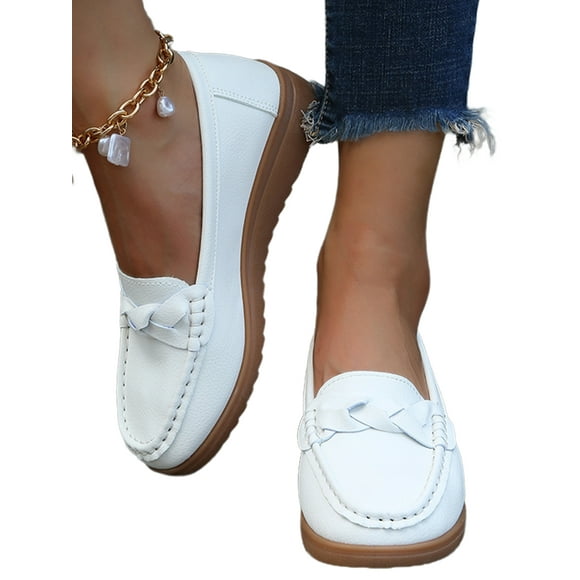 LUXUR Women Loafers Slip On Flats Driving Boat Shoes Lightweight Wedges Work Moccasin White 7.5