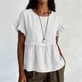 thumbnail image 5 of hoksml Women's Cotton Linen Ruffle Sleeve Peplum Blouse, Round Neck Casual Babydoll Top, Loose Fit Summer Daily Office Wear Shirt, 5 of 7
