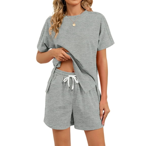 Women Casual 2 Piece Outfits Sweatsuits Summer Short Sleeve Loungewear Tracksuit Round Neck Lounge Shorts Sets Gray S