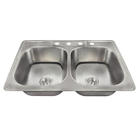 MR Direct US1022T Top Mount Stainless Steel 33 in. 4-Hole Double Bowl Kitchen Sink