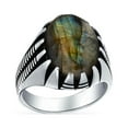 thumbnail image 1 of Personalized Mens Animal Claw Set Large Oval Cabochon Gemstone Iridescent Labradorite Signet Statement Western Ring for Men Oxidized .925 Silver Handmade In Turkey Customizable, 1 of 5
