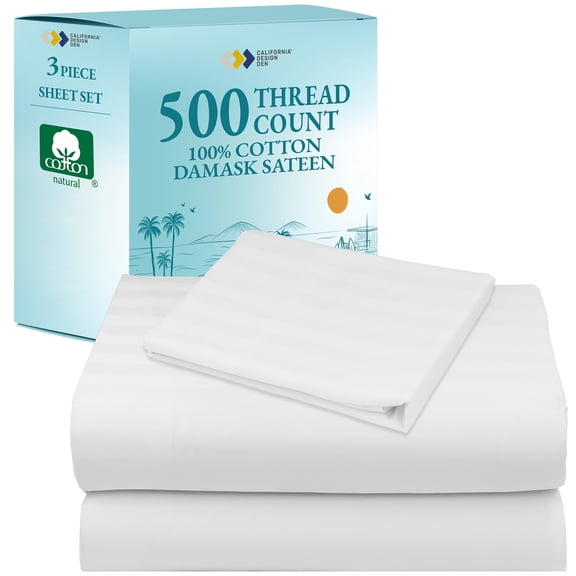 California Design Den Striped Twin Sheets - Soft 500 Thread Count 100% Cotton Sateen 3-Piece Adult/Teen Bed Sheets Set - Bright White