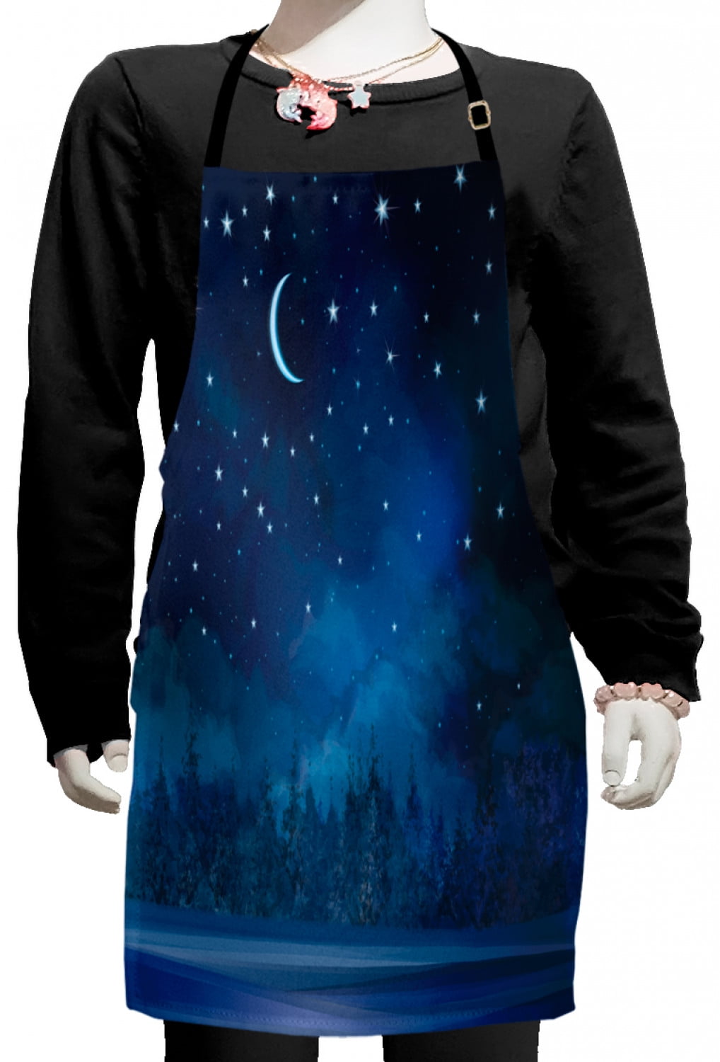 Winter Kids Apron, Nighttime Painting Illustration with Blue Moon, Boys Girls Apron Bib with Adjustable Ties for Cooking Baking Painting, Sea Blue Dark Blue, by Ambesonne